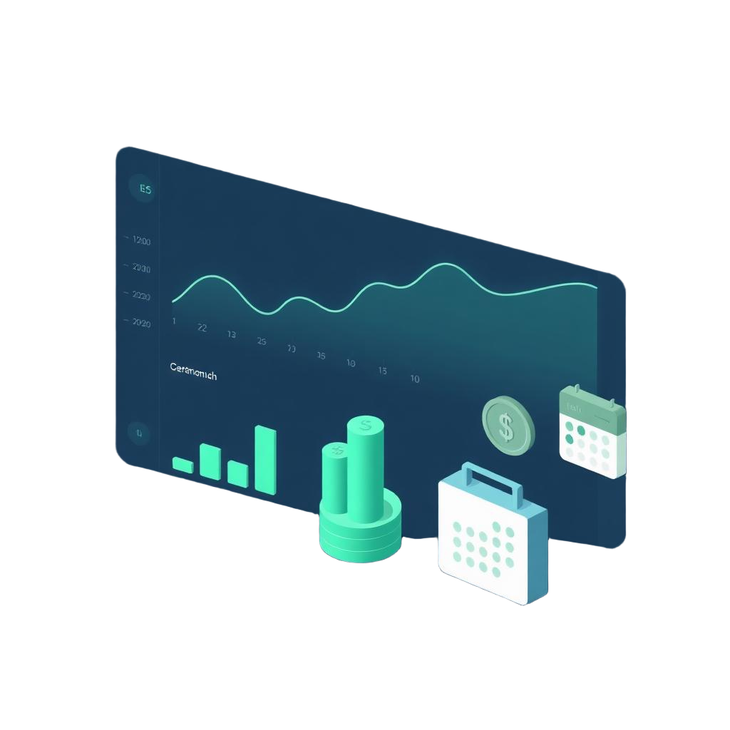 Painel financeiro com gráfico de evolução, planejamento e organização